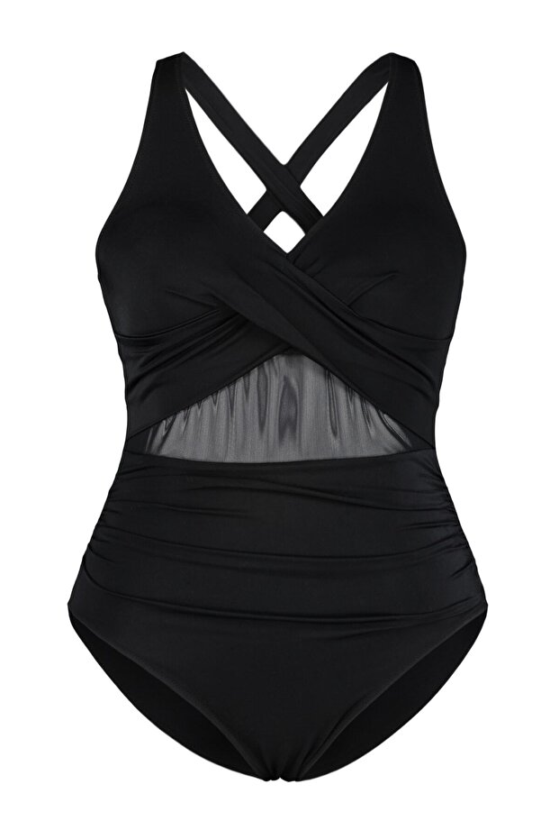 Fekete kivágott hálós/tüll részletes, nagy méretű fürdőruha a derekán TBBSS23AM00037 - 2