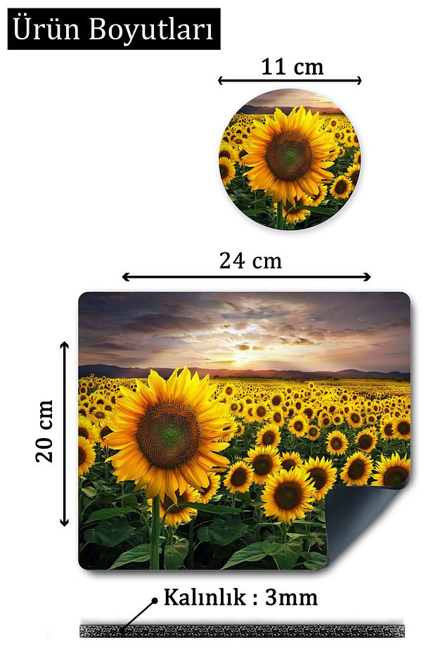 Mause Pad ve Bardak Altlığı Takımı . Ayçiçeği Desenli (Fare)Mause Pad ve Bardak Altlığı - 5