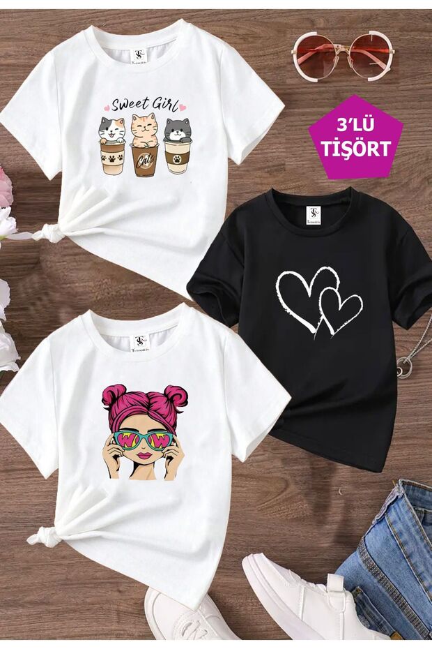 Cat Printed 3-Pack Black-White-White Girls' T-Shirt