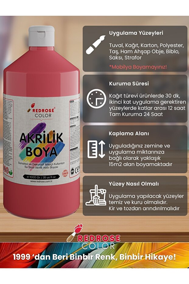 Tüm Renkler Akrilik Boya Seti, 12'li Set 12x1000gr, Dekoratif Hobi Amaçlı Sanatsal Canlı Renkler - 7