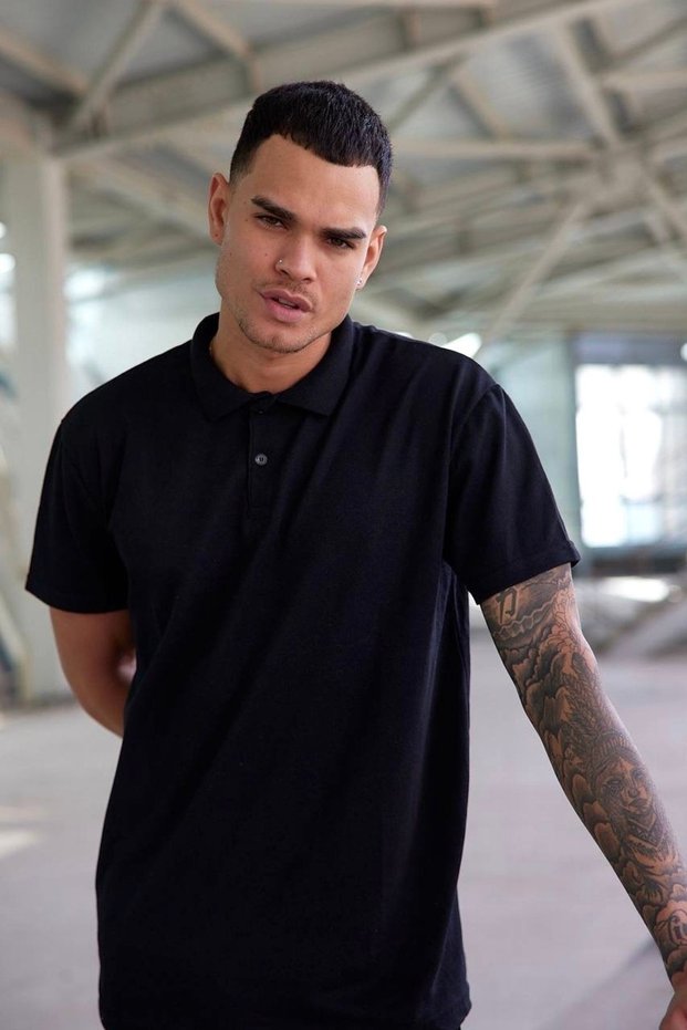 Black Sports Polo Neck Buttoned Cotton Casual Short Sleeve Regular Fit T-shirt