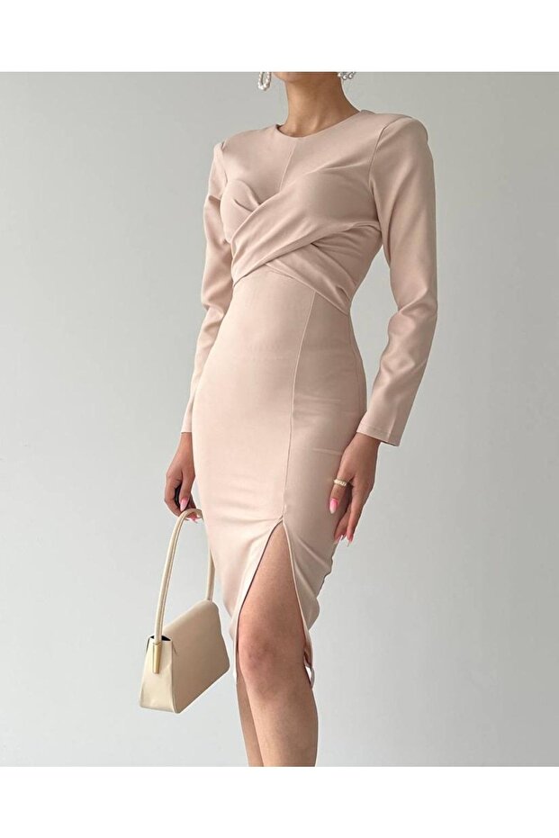 Beige Long Sleeve Slit Midi Dress