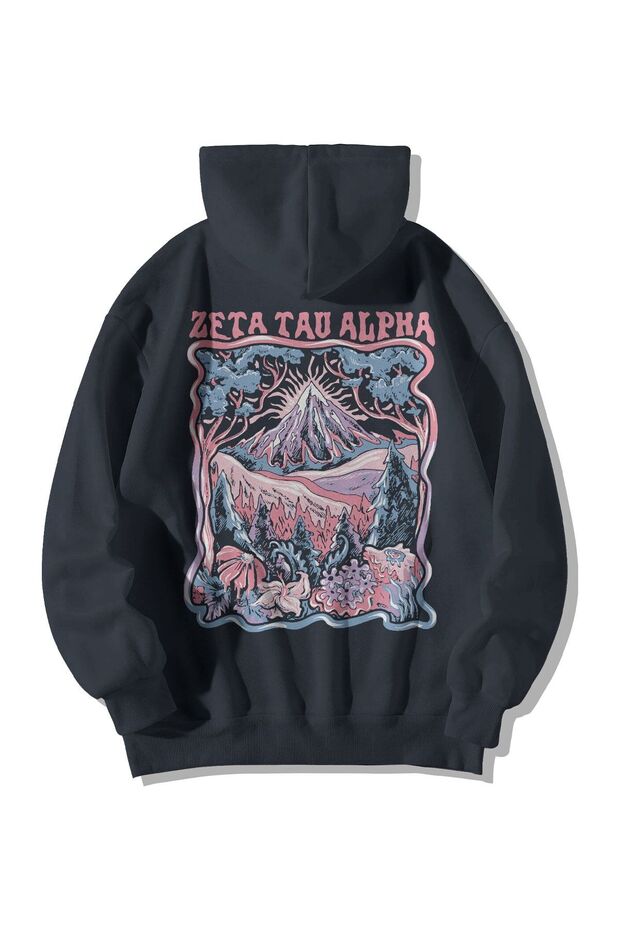 Anthracite Unisex Oversized Hoodie - Zeta Tau Printed Kangaroo Pocket 3 Thread Ş Fleece-Lined Sweatshirt