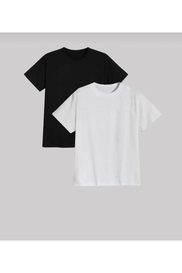 Unisex Black-White Basic Plain Patternless 2-Piece Oversize Unisex Tshirt Multiple Combinations