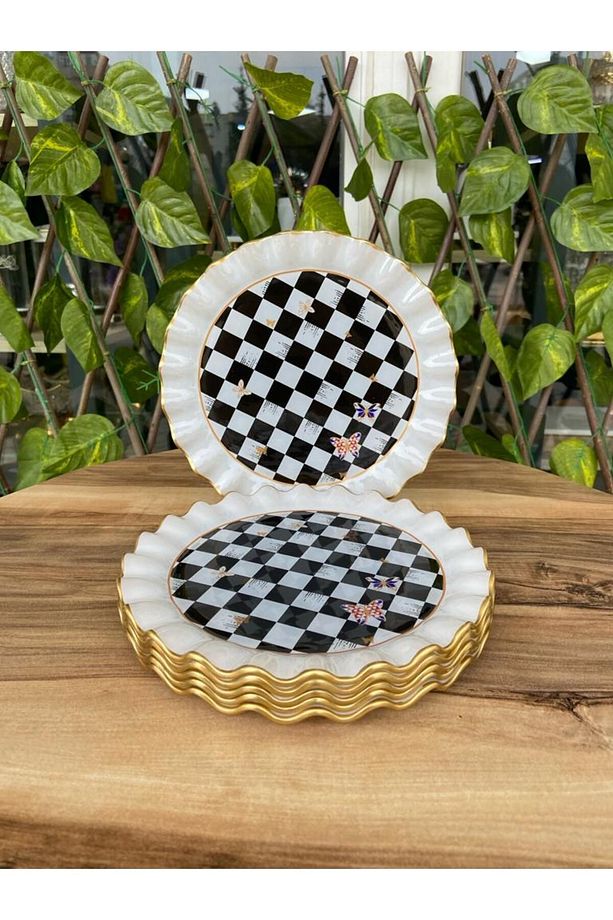 Damalı model altın 6 prç pasta tabağı. - 1