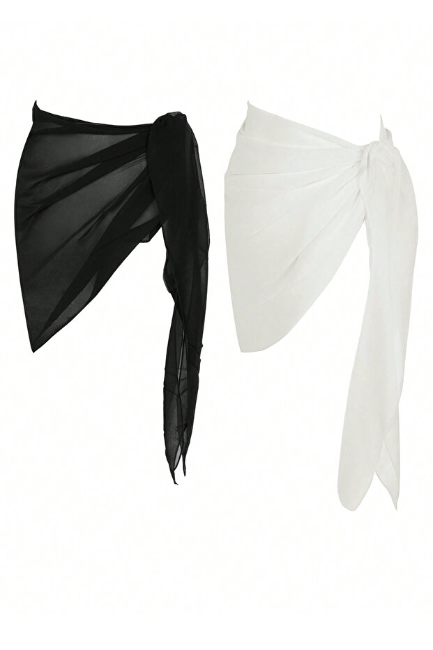 Kadın Siyah Beyaz Transparan Belden Bağlamalı Pareo 2'li - 3