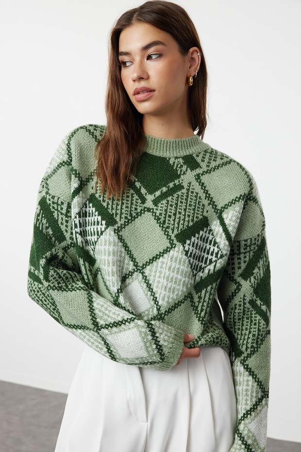 Mint Geniş Kalıp Crop Baklava Desenli Triko Kazak TWOAW24KZ01126 - 1
