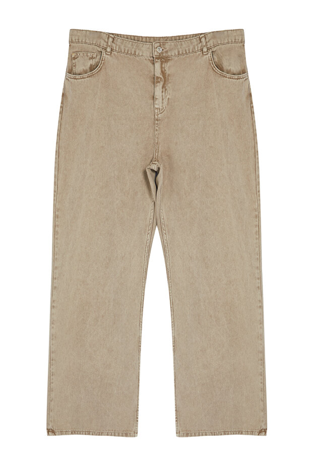 Bej Yüksek Bel Geniş Paça Büyük Beden Jeans TBBSS24CJ00053 - 8