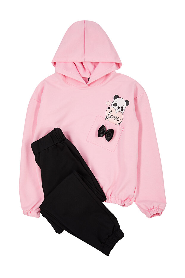 Pembe Kız Çocuk Mevsimlik-İnce Kapüşonlu Panda Desenli Set Örme Alt-Üst Takım TKDAW25AU00025