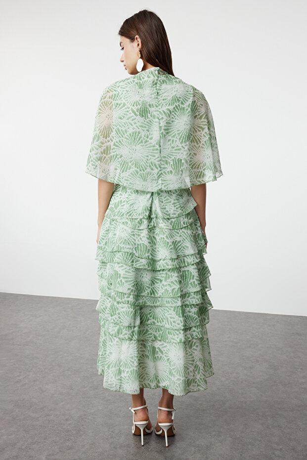 Zöld virágos szoknya réteges sifon szőtt estélyi ruha TCTSS24DB00007 - 5