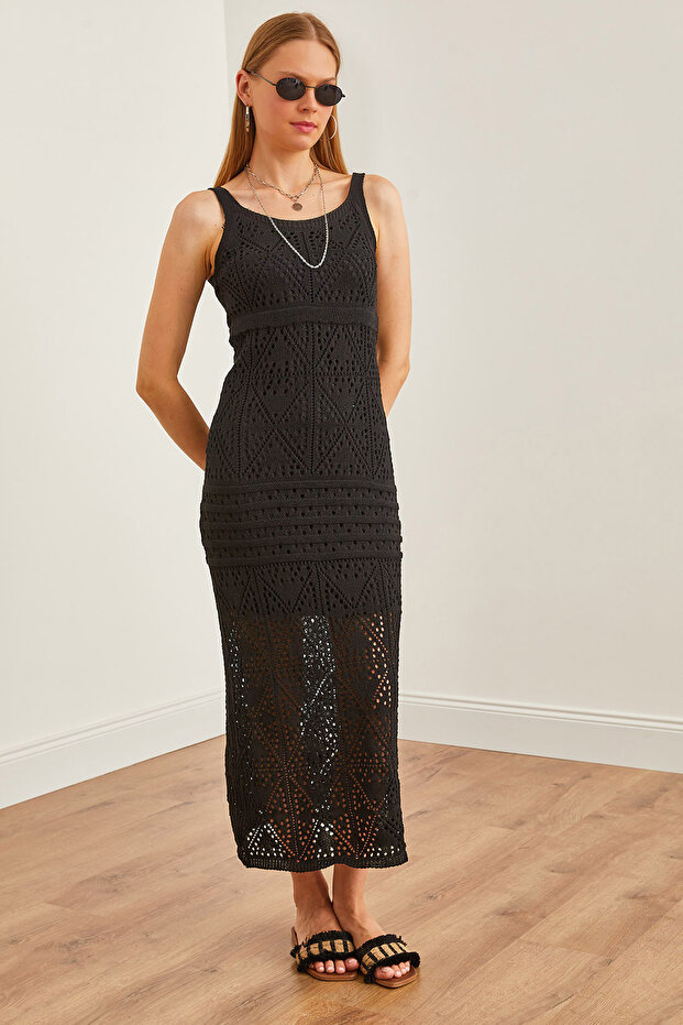 Geometric Patterned Black Maxi Knitwear Summer Dress - ELB-19002230