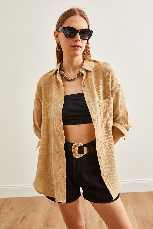 Kadın Camel Oversize Basic Müslin Gömlek GML-19001217 - 4