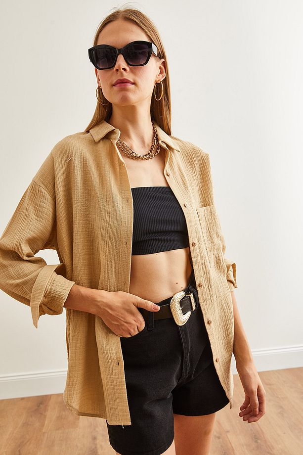 Kadın Camel Oversize Basic Müslin Gömlek GML-19001217 - 6
