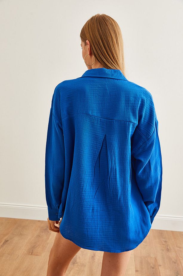Kadın Saks Mavi Oversize Basic Müslin Gömlek GML-19001217 - 3