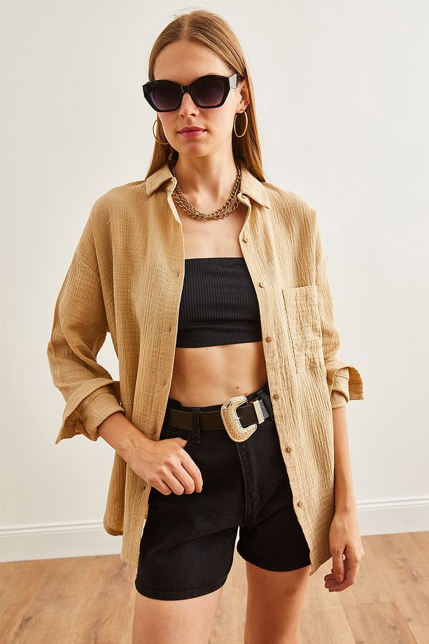 Kadın Camel Oversize Basic Müslin Gömlek GML-19001217 - 5