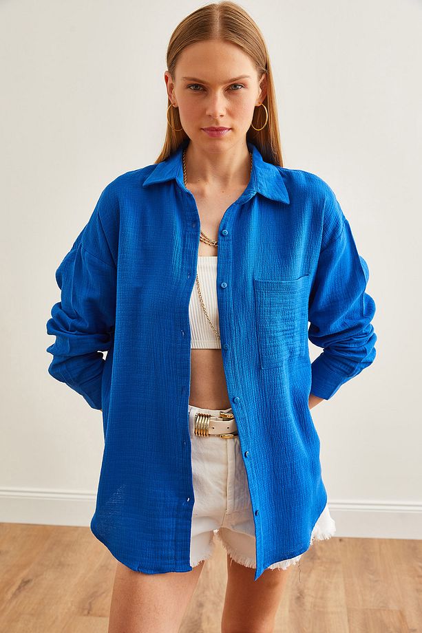 Kadın Saks Mavi Oversize Basic Müslin Gömlek GML-19001217 - 6