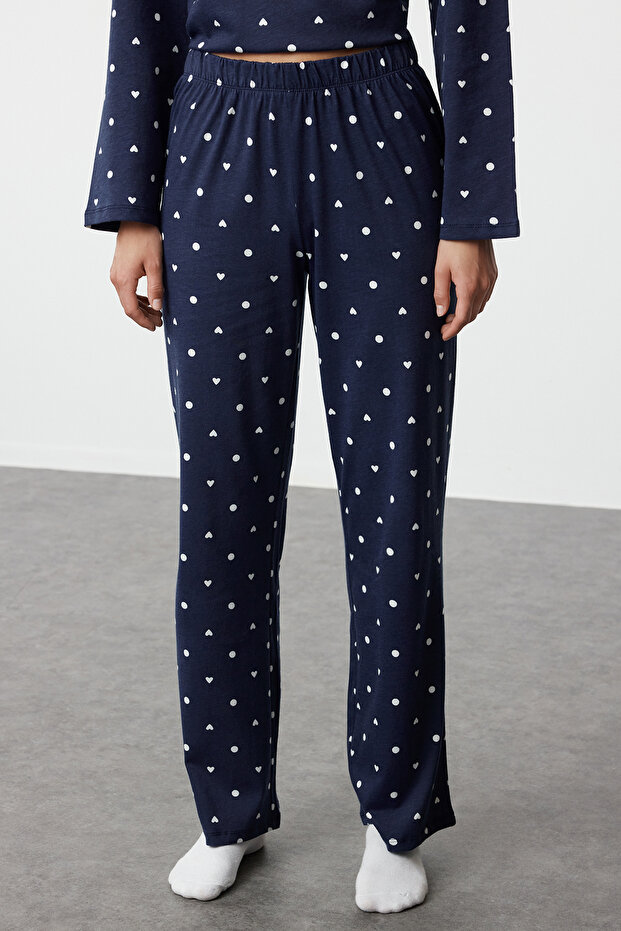 Lacivert %100 Pamuklu Puantiye ve Kalpli Örme Pijama Takımı THMAW25PT00039 - 5
