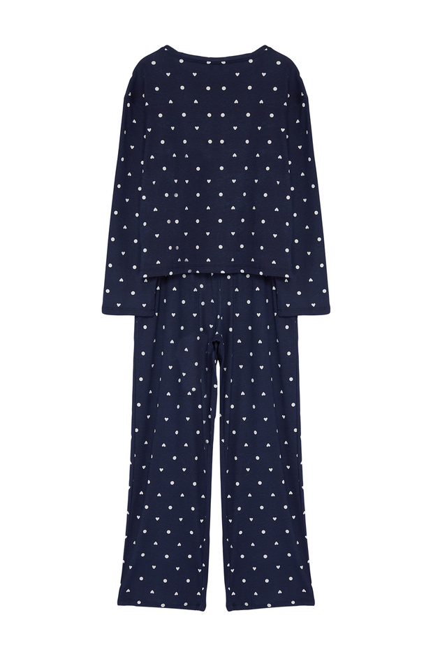 Lacivert %100 Pamuklu Puantiye ve Kalpli Örme Pijama Takımı THMAW25PT00039 - 8