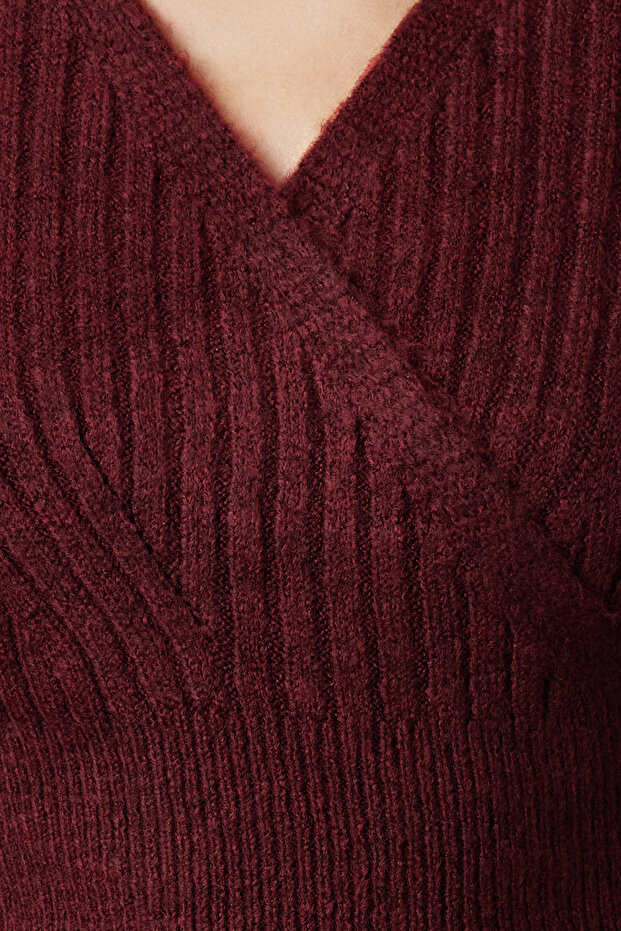 Bordo Crop Yumuşak Dokulu Kruvaze Triko Kazak TWOAW24KZ00381 - 3