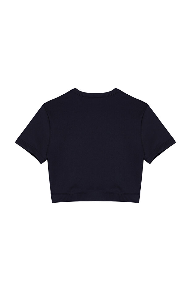 Koyu Lacivert Crop Hafif Destekli Yumuşak Dokulu Bisiklet Yaka Örme Spor Üst/Bluz TWOAW21BZ0158 - 7
