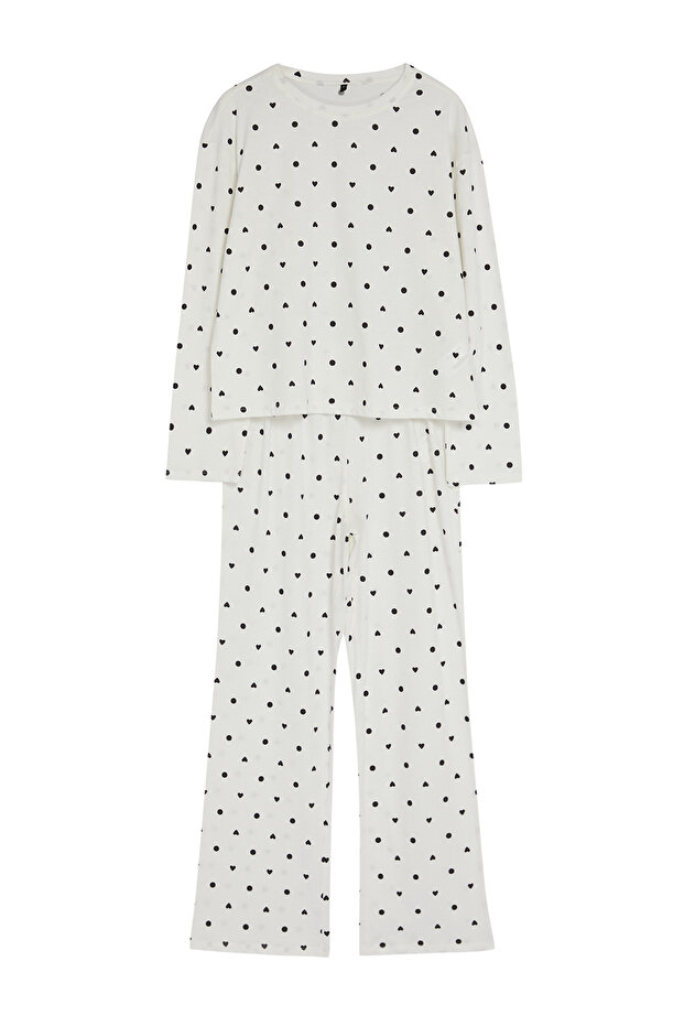 Beyaz %100 Pamuklu Puantiye ve Kalpli Örme Pijama Takımı THMAW25PT00039 - 7