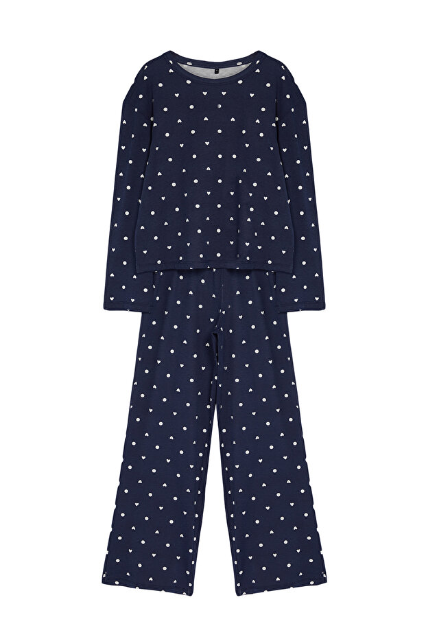 Lacivert %100 Pamuklu Puantiye ve Kalpli Örme Pijama Takımı THMAW25PT00039 - 7