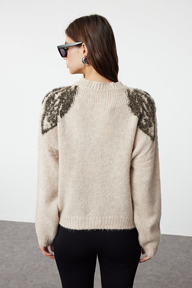 Бежевий м'який светр з вишивкою з блискітками TWOAW25HI00005 - 5