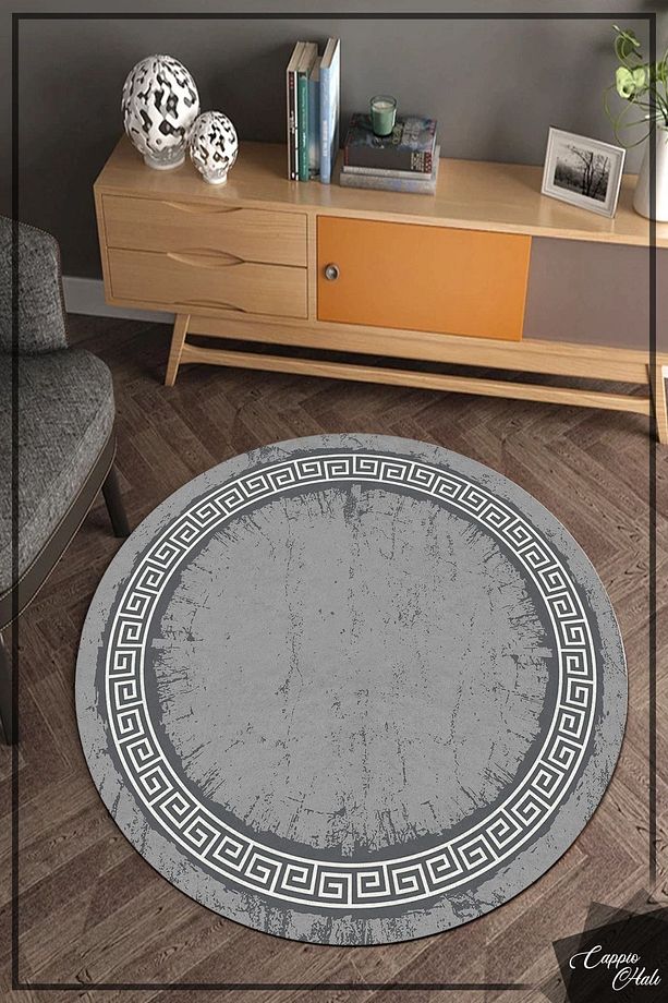 Gri Zincir Desenli Eskitme Yuvarlak Halı (kaymaz Deri Taban Makinada Yıkanabilir)-cp1082 - 1
