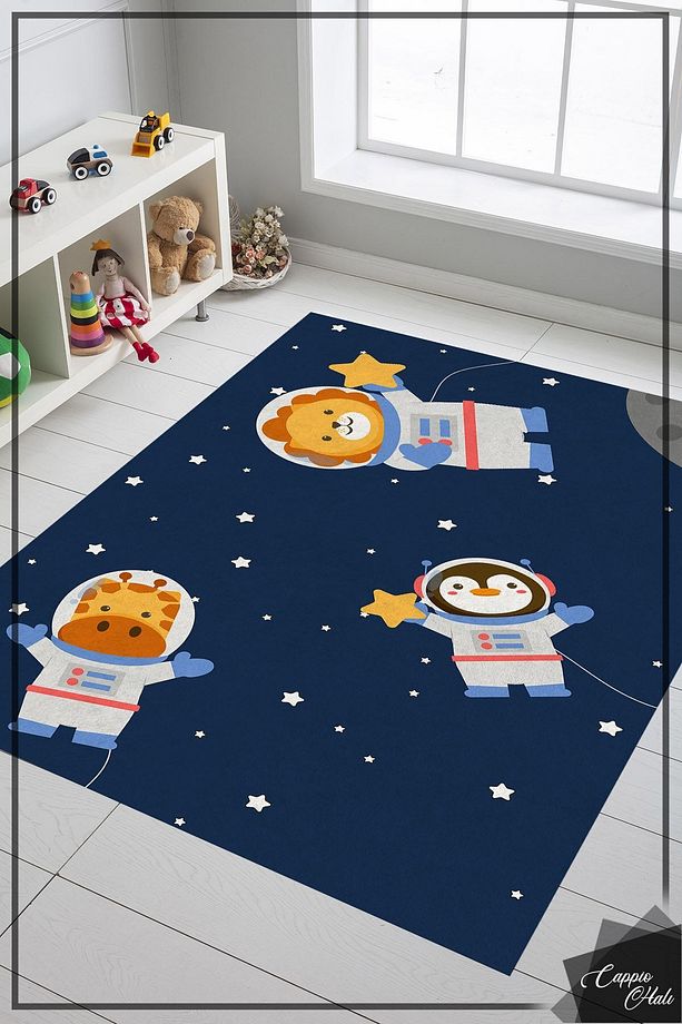 Eğlenceli Astronot Desenli Mavi Çocuk Odası Halısı (makinada Yıkanabilir Kaymaz Deri Taban) - Cp742 - 1