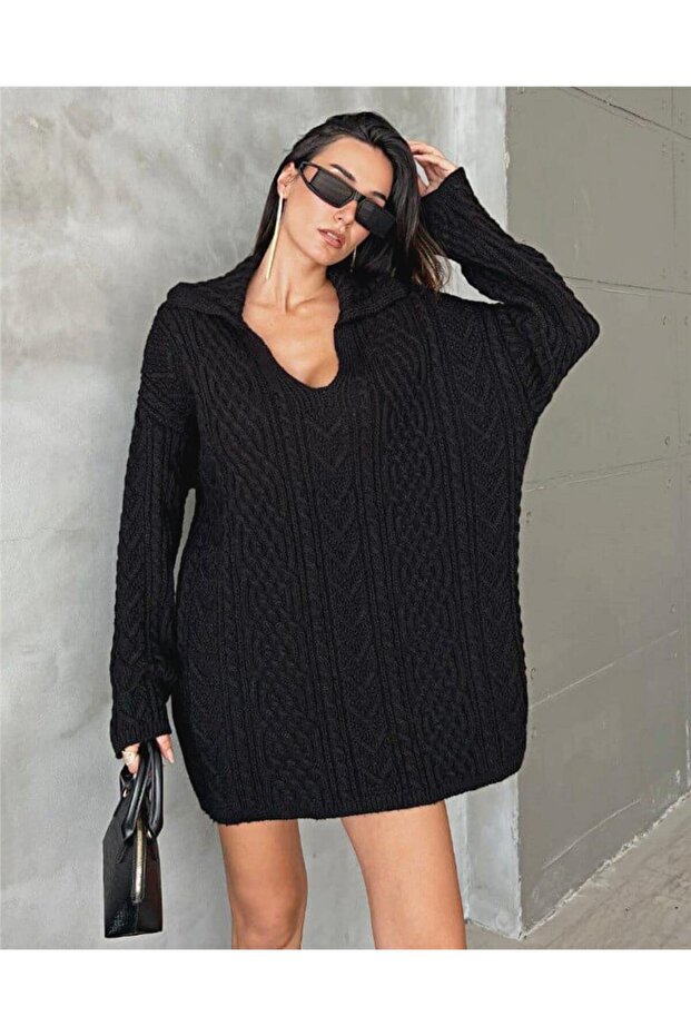Knitted Sweater with Collar Collar Detail, Black, Standard Size