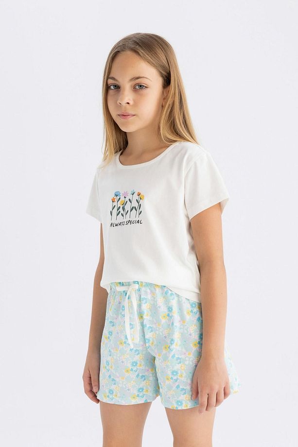 Kız Çocuk Pijama Takımı Bisiklet Yaka Baskılı Kısa Kollu Üst Şort D2915a824sm - 4