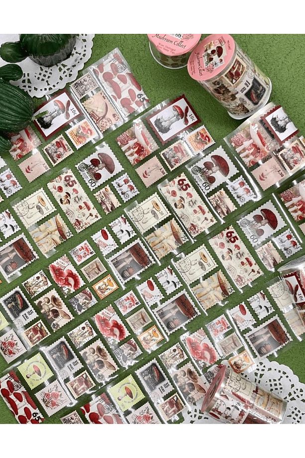 Mantar Temalı Tek Tek Çıkartmalı Pul Washi Bant / Sticker / Çıkartma/Bullet Journal/ Defter Süsleme - 7