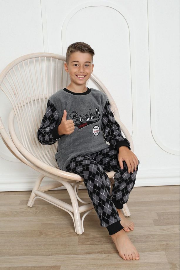 Gri Erkek Çocuk Polar Pijama Takımı Çocuk Kışlık Pijama Takımı Kalın Pijama - 3