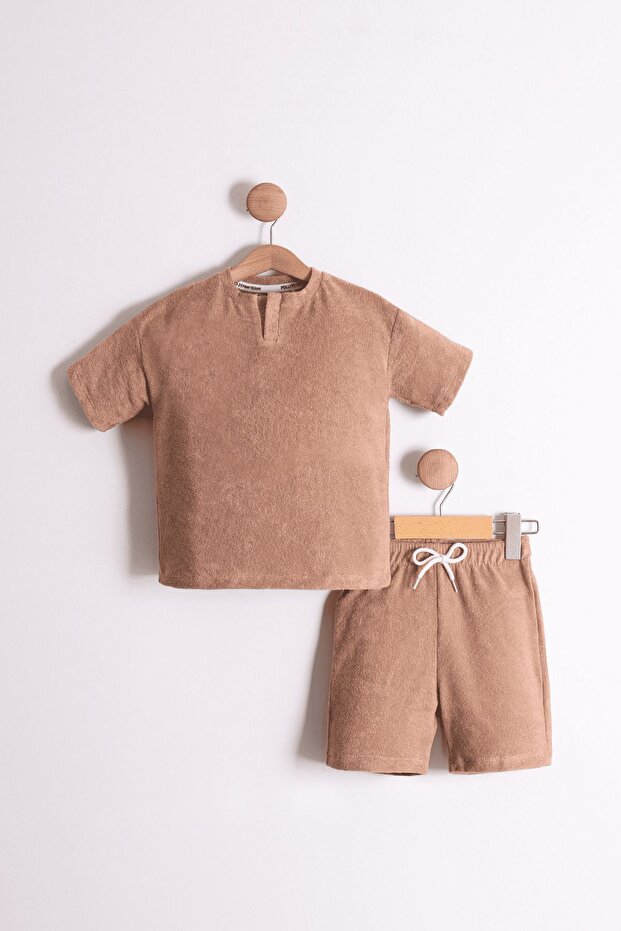 Boy's Crew Neck Half Placket Terry Fabric Brown T-Shirt - Shorts 2-Piece Set