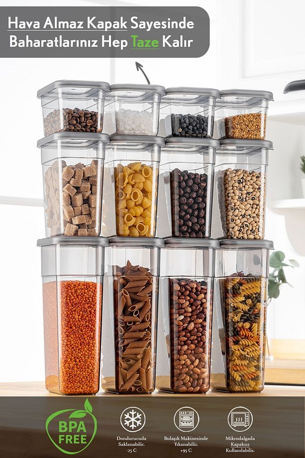 12'li Sızdırmaz Kapak Kaşıklı Saklama Kabı Seti - Etiketli Baharatlık - 4x(580 ml, 1100 ml, 1580 ml) - 2