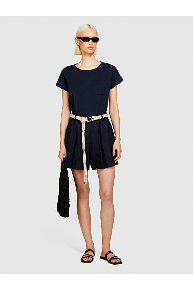 Kadın Lacivert %100 Keten Önü Çift Pileli Şort - 1