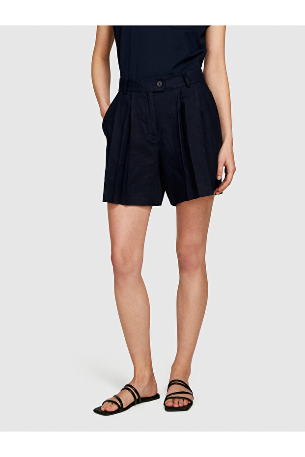 Kadın Lacivert %100 Keten Önü Çift Pileli Şort - 5