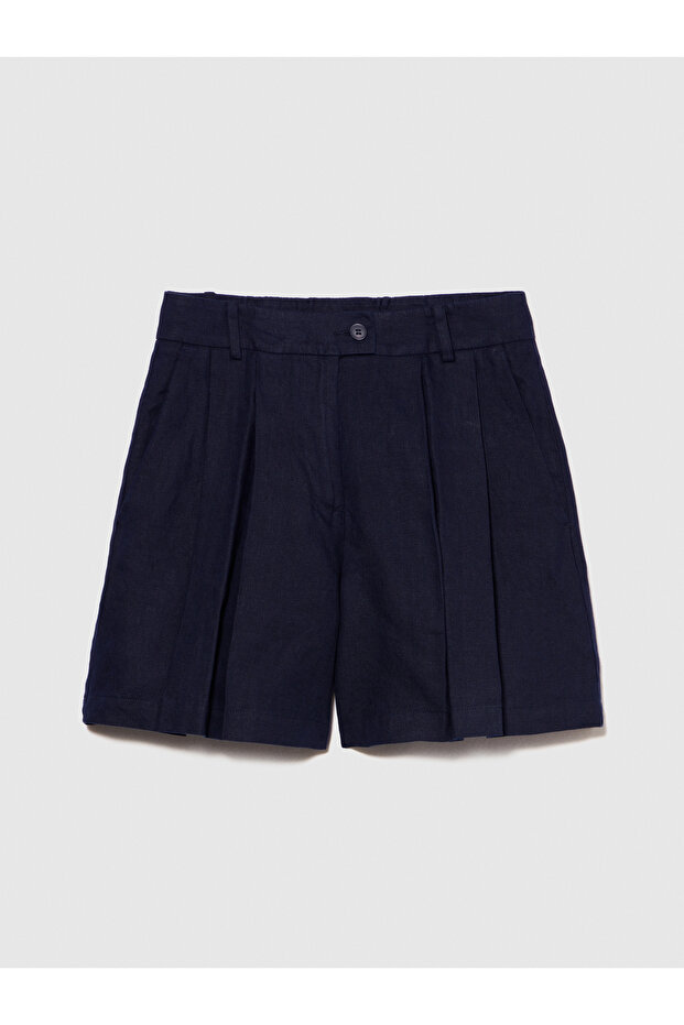 Kadın Lacivert %100 Keten Önü Çift Pileli Şort - 2