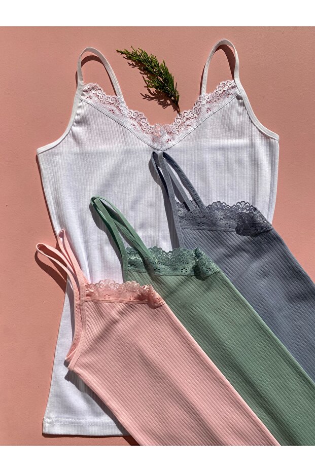 Women's 4 Rope Strap Cotton, Lycra, Lace, Ribbed Ribbed Undershirt (Pink-Blue-Green-White)