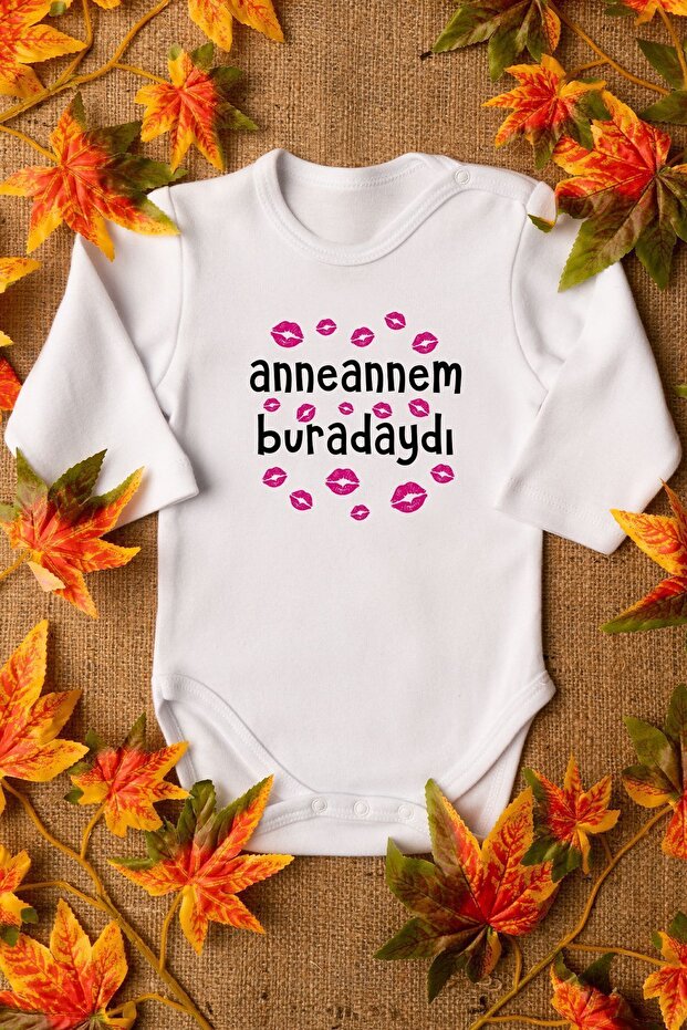 Organic %100 Cotton "Grandma Was Here" Kiss Printed Baby Bodysuit Long Sleeve Snap-Fastened Button Bodysuit 5123