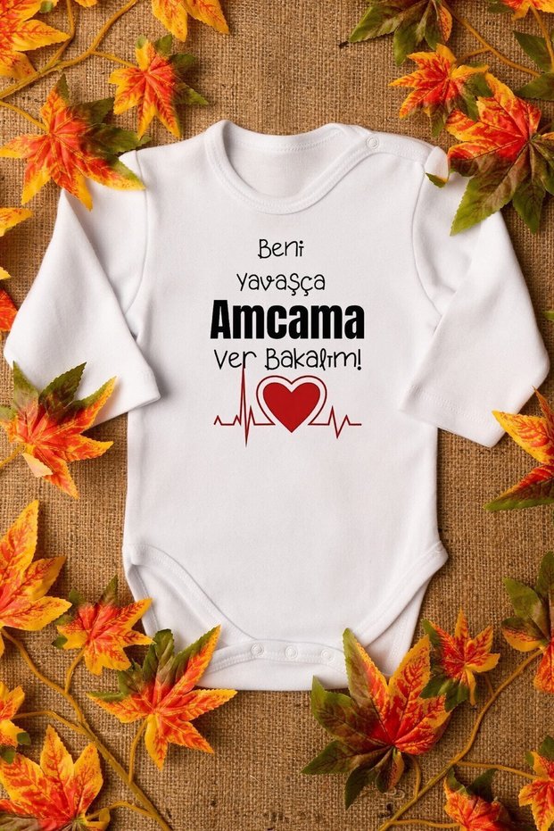 Organic 100% Cotton Give Me Slowly to My Uncle Patterned Long Sleeve Snap Fastener Baby Bodysuit Badi Zıbın 5589