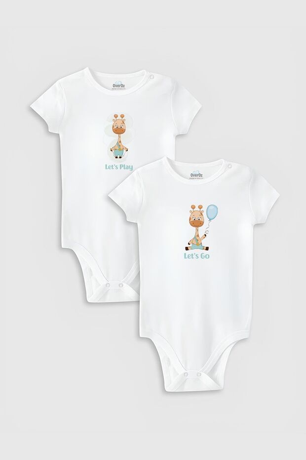 Giraffe Printed Organic Baby Bodysuit - 100% Cotton, Snap-On Bodysuit Set of 2 5198-5199