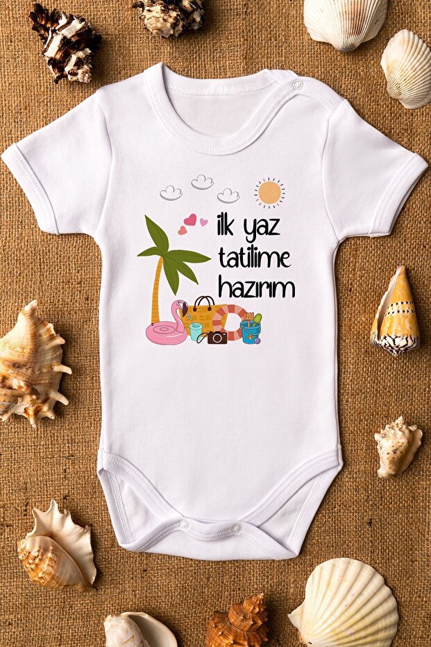 I'm Ready for My First Summer Holiday Printed Organic 100% Cotton Baby Bodysuit - Snap Fasten Bodysuit Jumpsuit 5260