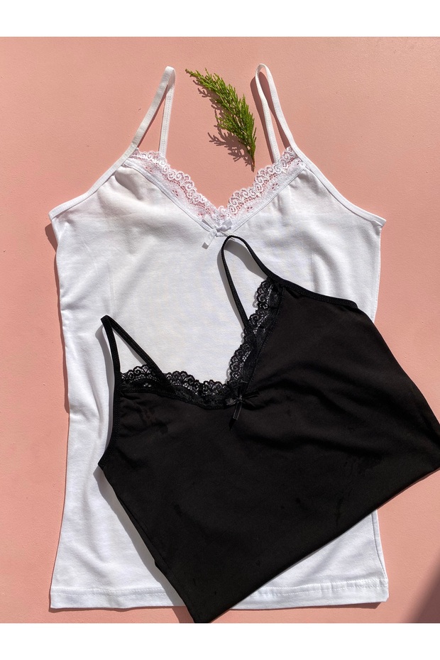 Women's Cotton Lycra V-Neck Lace Rope Strap 2-Piece White and Black Undershirt