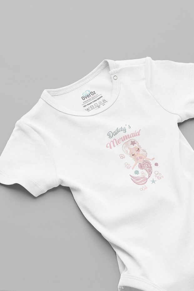 Organic 100% Cotton Daddy's Mermaid Mermaid Printed Baby Bodysuit White Bodysuit with Snap Fasteners 5801