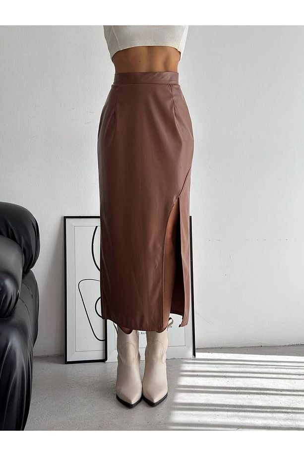Taba Yırtmaçlı Beli Lastikli Pensli Mevsimlik Uzun Deri Etek 89 Cm - 1