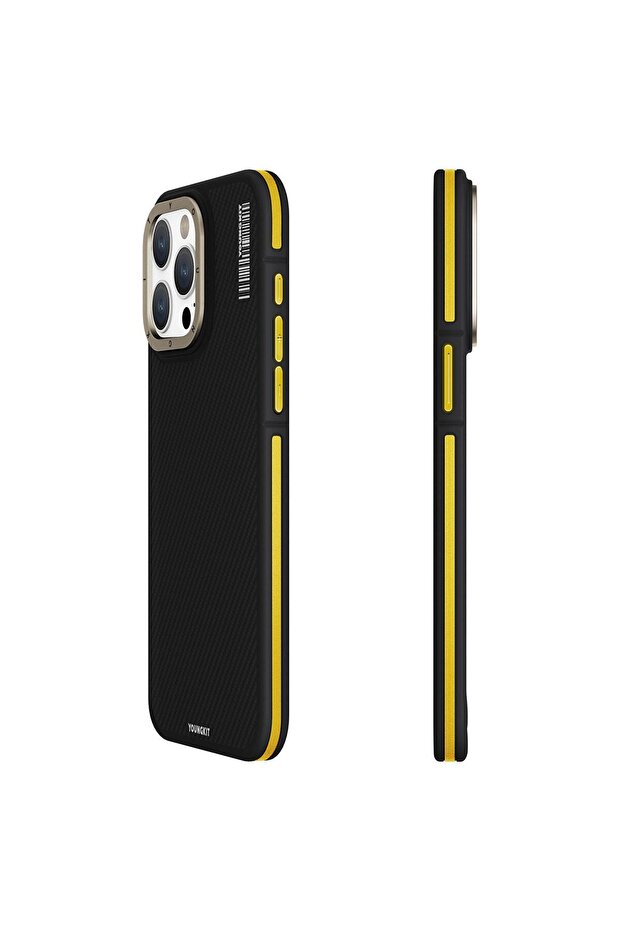 iPhone 15 Pro Max Uyumlu Kılıf Magsafe Şarj Özellikli YoungKit 600D Kevlar Kapak Sarı - 1