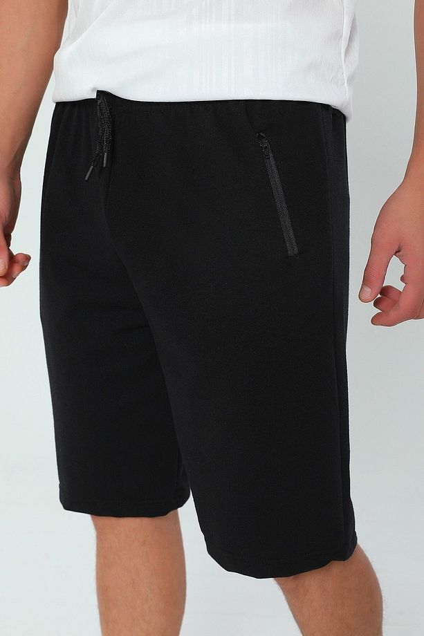 Erkek Comfy Way Bel Lastikli Cep Fermuarlı Bermuda Şort-Siyah - 3