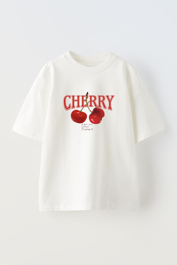 Unisex Cherry Design Printed Cotton White Oversize T-Shirt