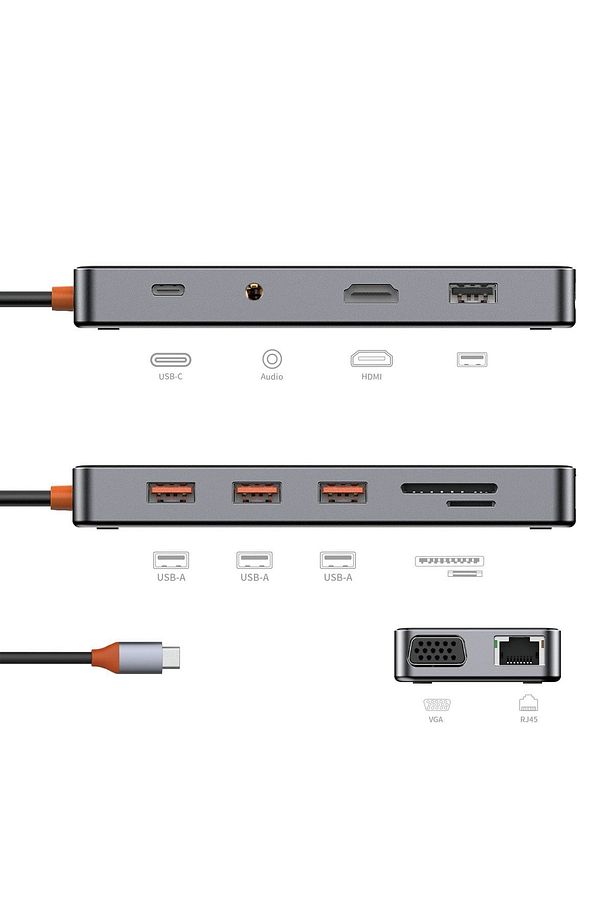 CB011 Cyber 11 in 1 Type-C Hub 100W Şarj Destekli Şeffaf SD Kart-RJ45-Hdmi-VGA-Usb Çoğaltıcı - 3